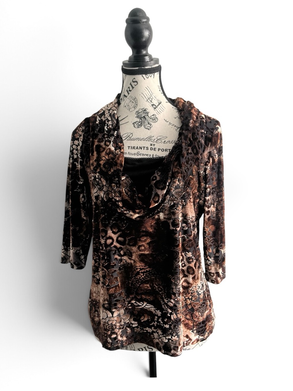 🇨🇦 Y2K Burnout Velvet Animal Floral Print Cowl Neck Tunic Top Brown Black